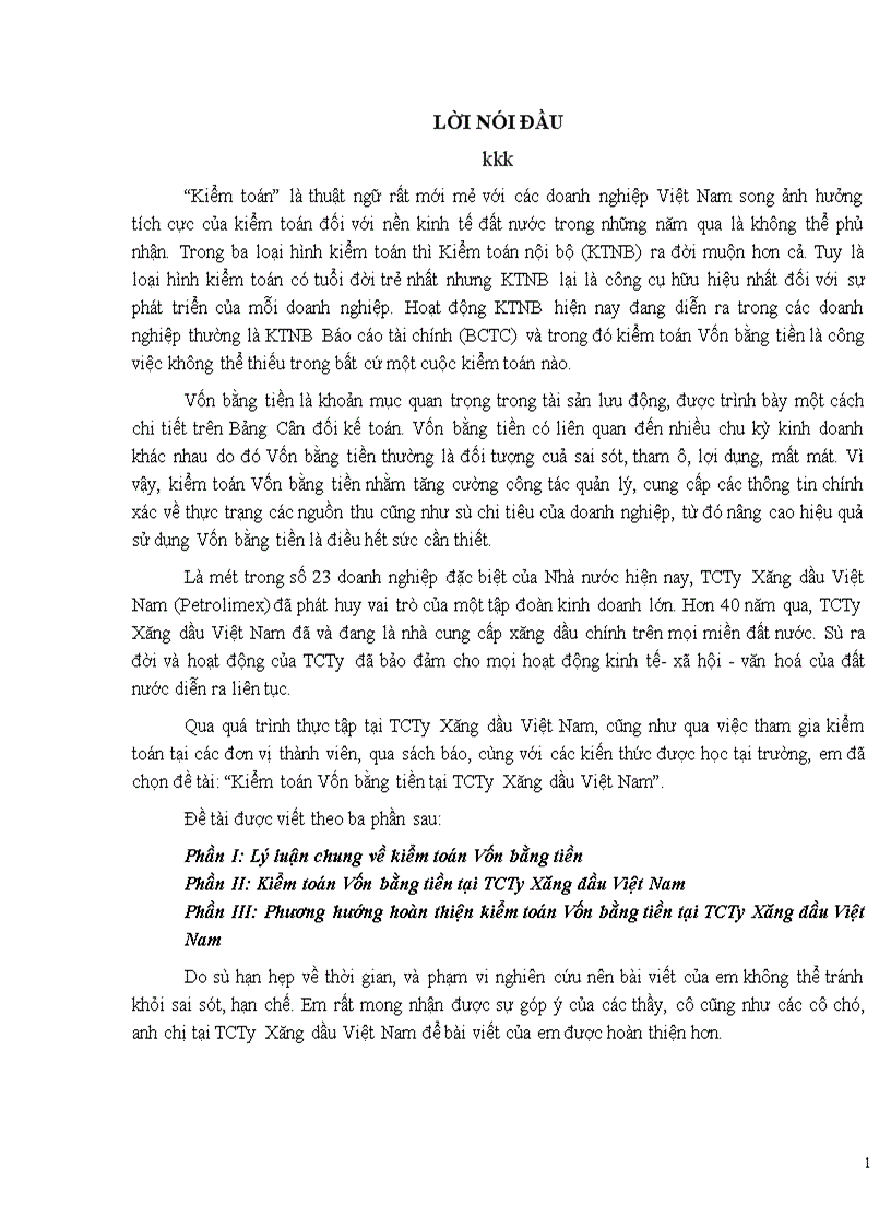 Kiểm toán Vốn bằng tiền tại TCTy Xăng dầu Việt Nam