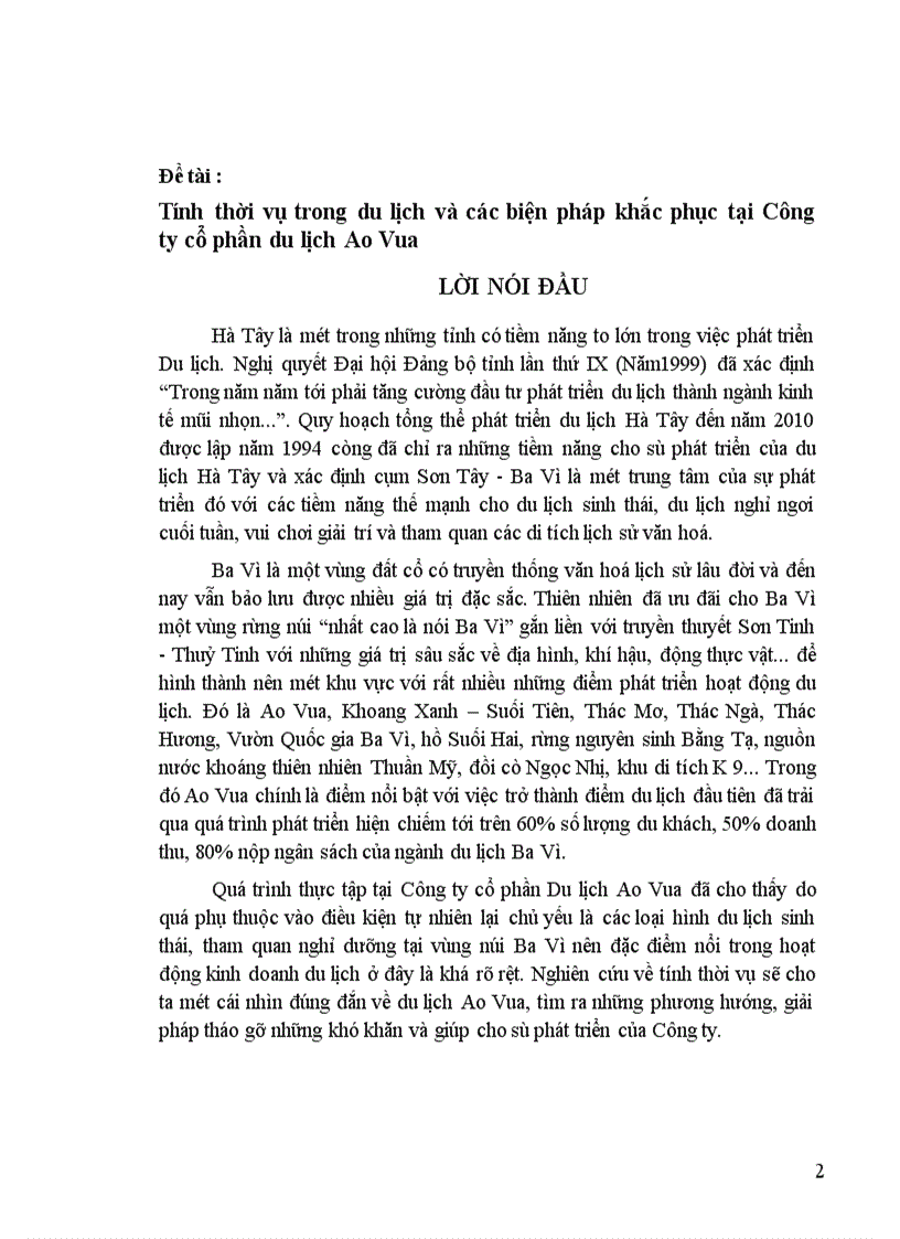 image for page Tính thời vụ trong du lịch và các biện pháp khắc phục tại Công ty cổ phần Du lịch Ao Vua