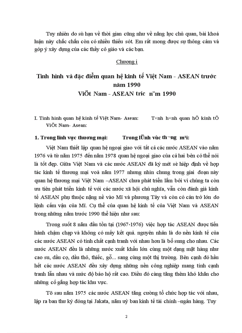 Tình hình và đặc điểm quan hệ kinh tế Việt Nam - ASEAN trước năm 1990