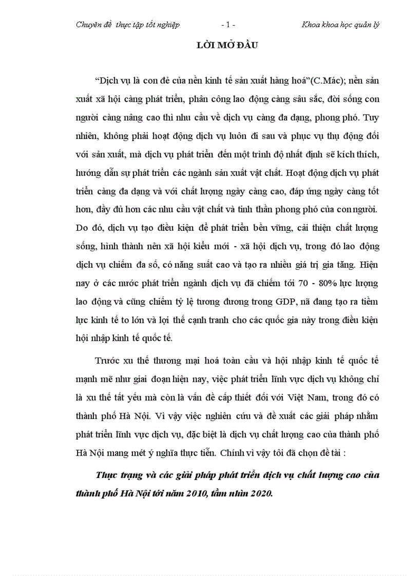 Thực trạng và các giải pháp phát triển dịch vụ chất lượng cao của thành phố Hà Nội tới năm 2010, tầm nhìn 2020