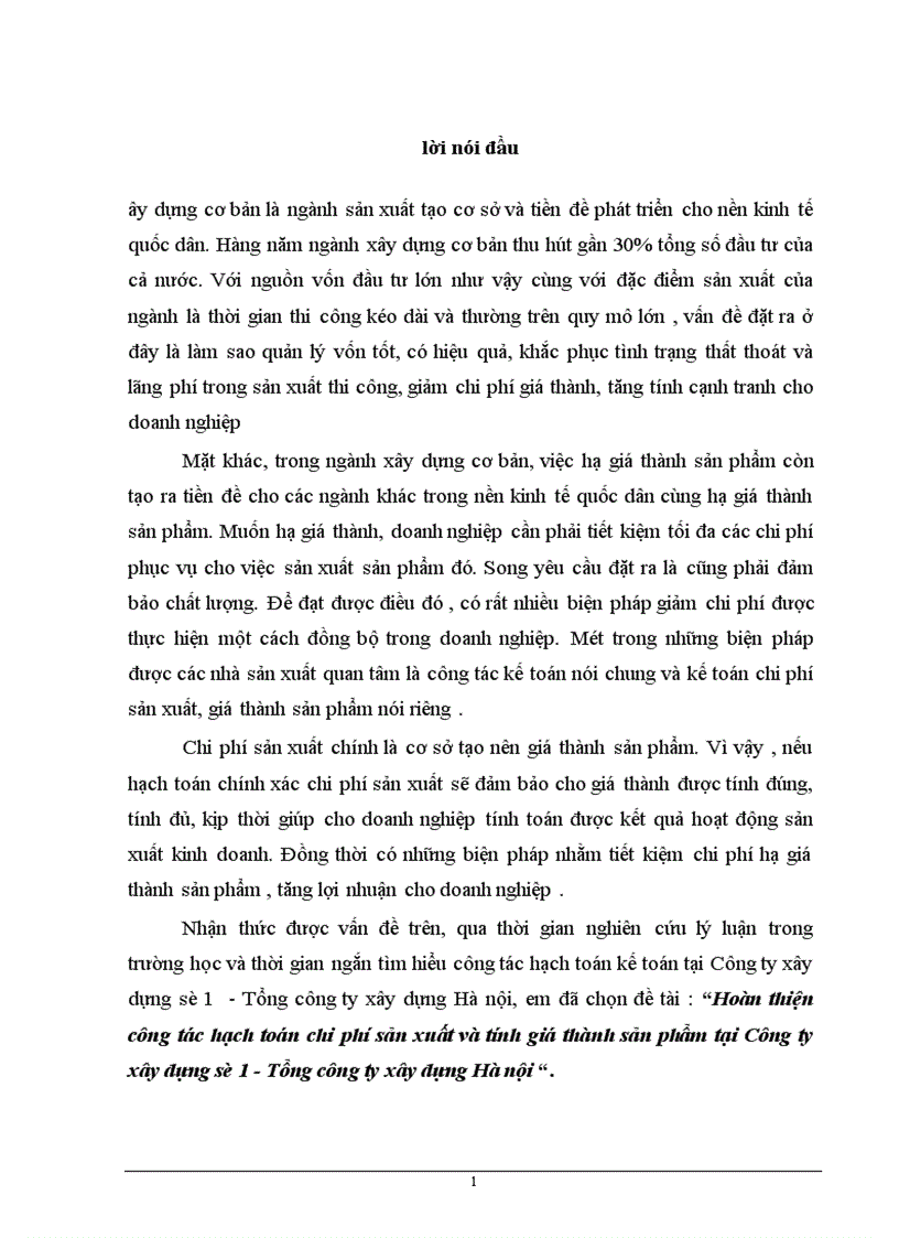 image for page Hoàn thiện công tác hạch toán chi phí sản xuất và tính giá thành sản phẩm tại Công ty xây dựng số 1 - Tổng công ty xây dựng Hà nội