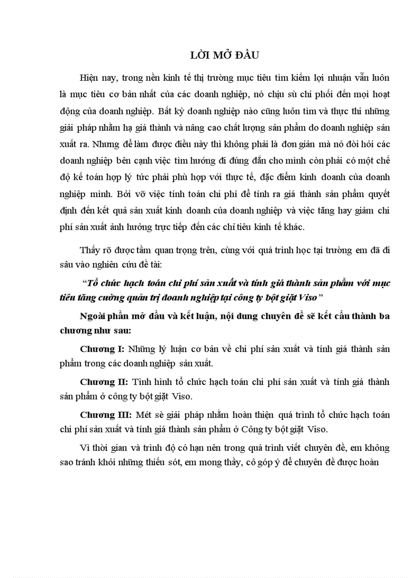 image for page Tổ chức hạch toán chi phí sản xuất và tính giá thành sản phẩm với mục tiêu tăng cường quản trị doanh nghiệp tại công ty bột giặt Viso