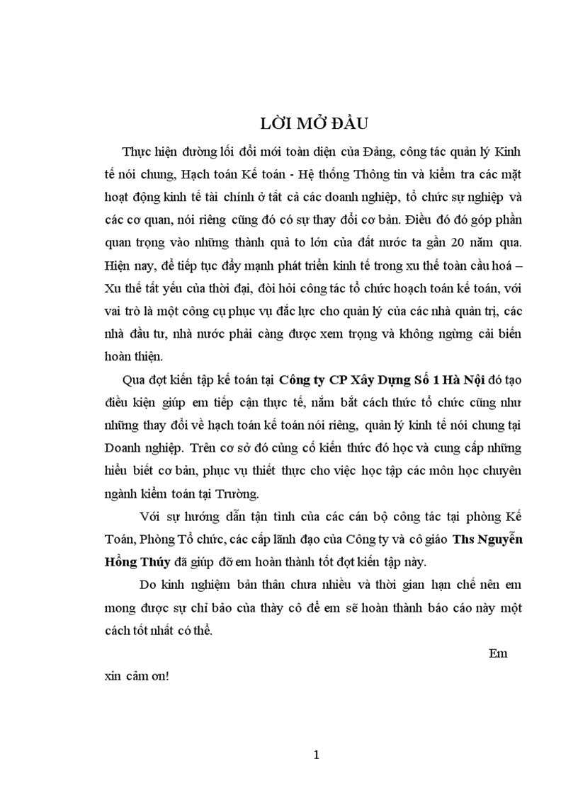 image for page Báo cáo thực tập tại Công ty Cổ phần Xây dựng Số 1 - Hà Nội