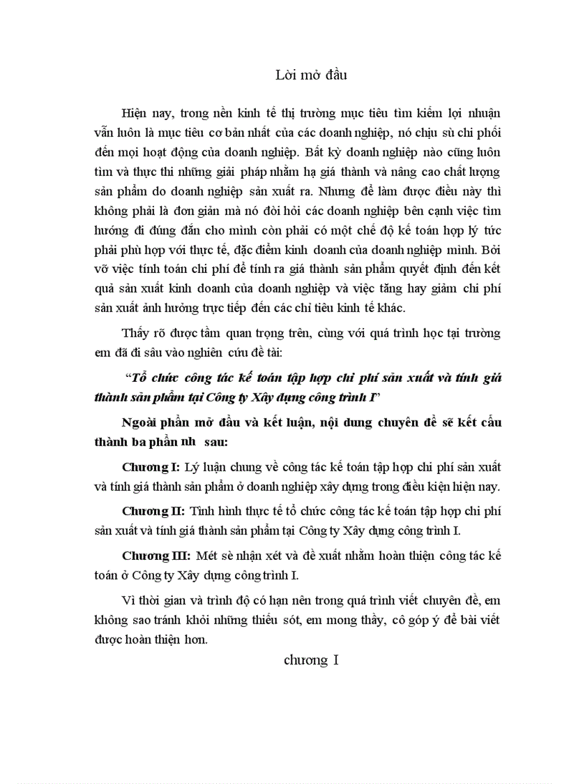 image for page Tổ chức công tác kế toán tập hợp chi phí sản xuất và tính giá thành sản phẩm tại Công ty Xây dựng công trình I