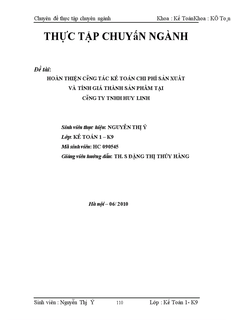 image for page Hoàn thiện kế toán chi phí sản xuất và tính giá thành sản phẩm ở Công ty TNHH Huy Linh