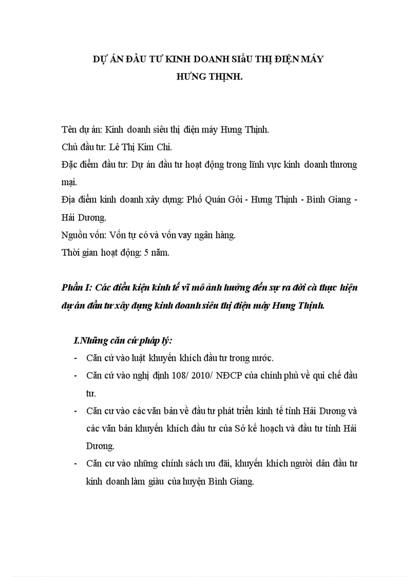 image for page Dự án đầu tư kinh doanh siêu thị điện máy hưng thịnh.