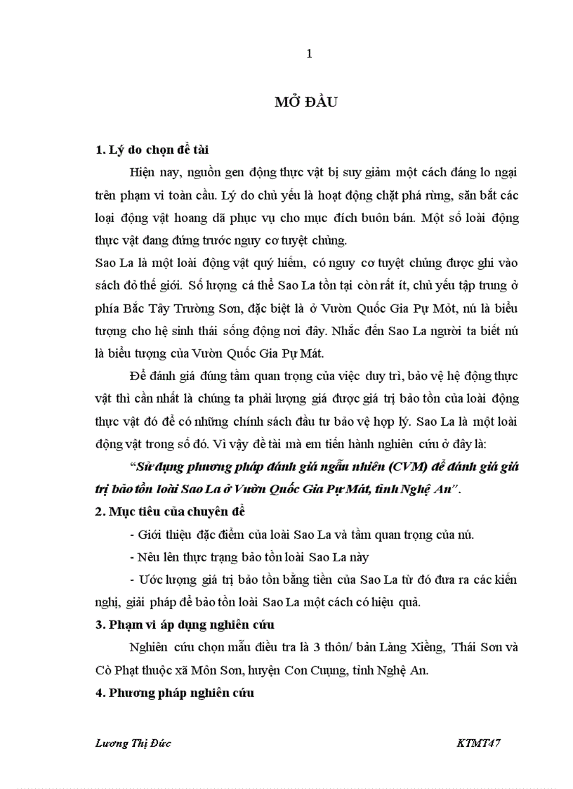 image for page Sử dụng phương pháp đánh giá ngẫu nhiên (CVM) để đánh giá giá trị bảo tồn loài Sao La ở Vườn Quốc Gia Pù Mát, tỉnh Nghệ An Họ và tên sinh viên