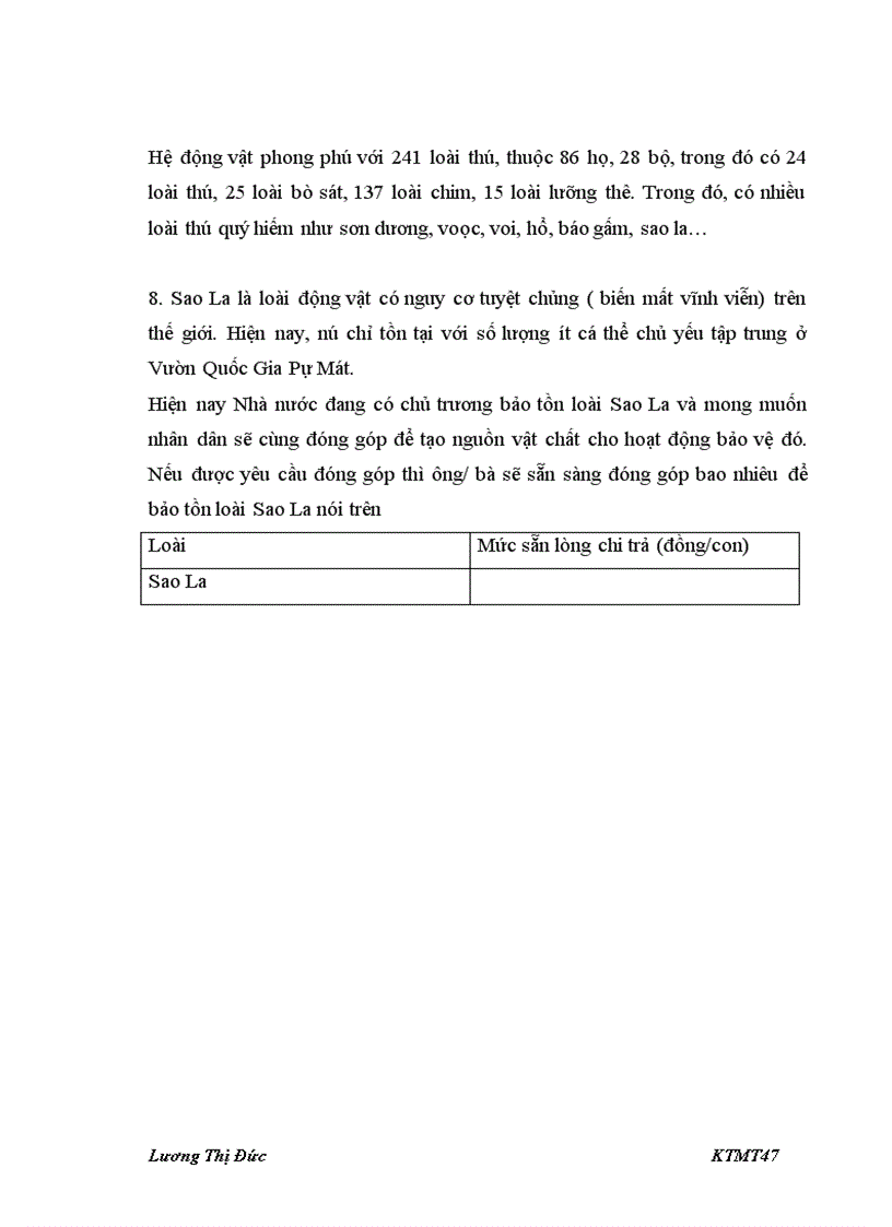 image for page Sử dụng phương pháp đánh giá ngẫu nhiên (CVM) để đánh giá giá trị bảo tồn loài Sao La ở Vườn Quốc Gia Pù Mát, tỉnh Nghệ An Họ và tên sinh viên