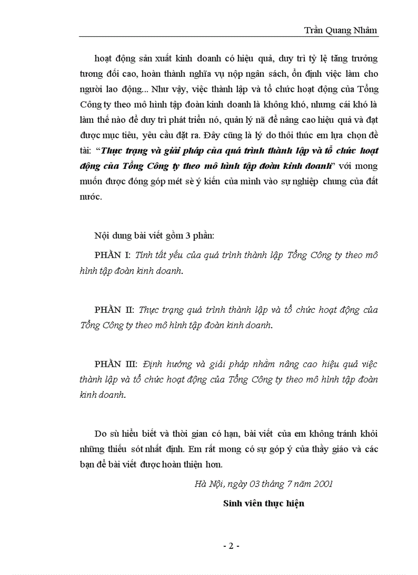 Thực trạng và giải pháp của quá trình thành lập và tổ chức hoạt động của Tổng Công ty theo mô hình tập đoàn kinh doanh
