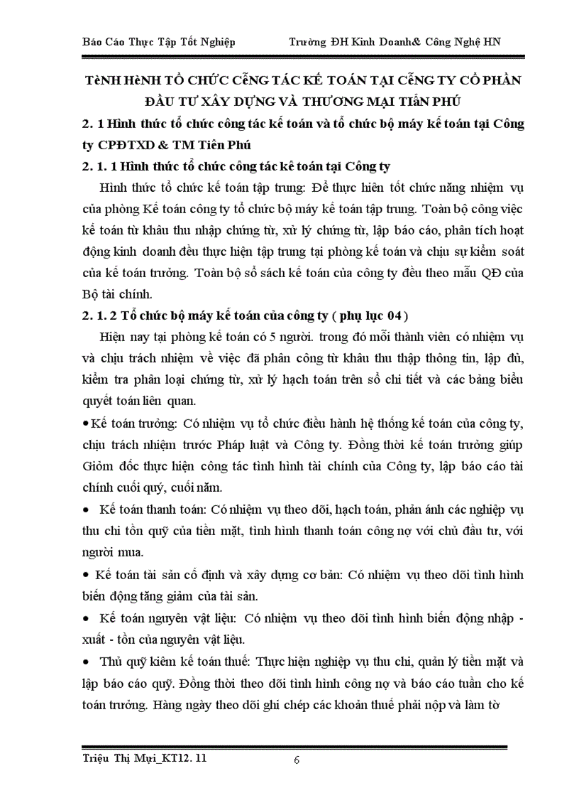 Báo cáo thực tập tại phòng Tài chính-Kế toán của Công ty Cổ Phần Đầu Tư Xây Dựng & Thương Mại Tiên Phú