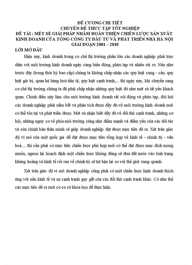 Một số giảI pháp nhằm hoàn thiện chiến lược sản xuất kinh doanh của tổng công ty đầu tư và phát triển nhà Hà Nội giai đoạn 2001 – 2010