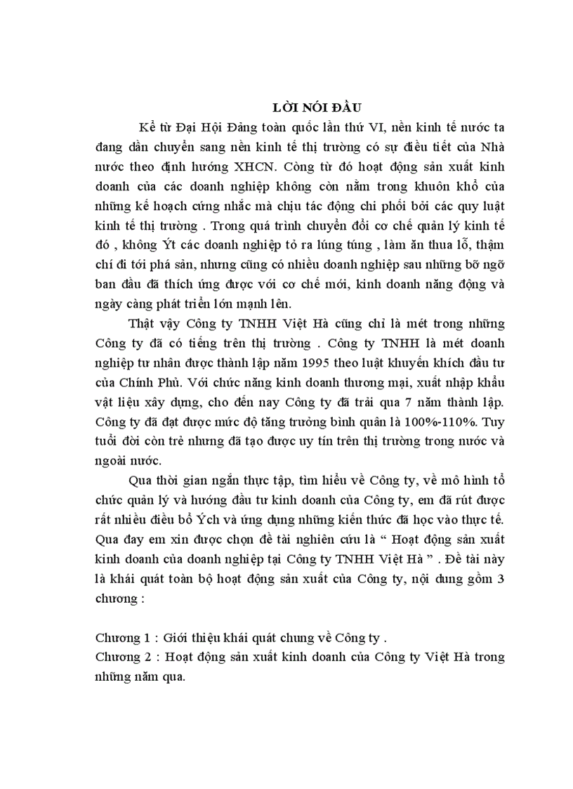 image for page Hoạt động sản xuất kinh doanh của doanh nghiệp tại Công ty TNHH Việt Hà