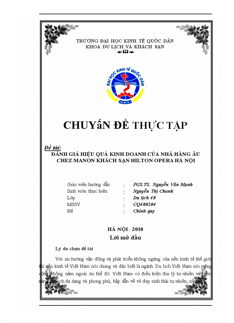 image for page Đánh giá hiệu quả kinh doanh của nhà Hàng Âu Chez Manon khách sạn Hilton opera Hà Nội Hà Nội - 2010