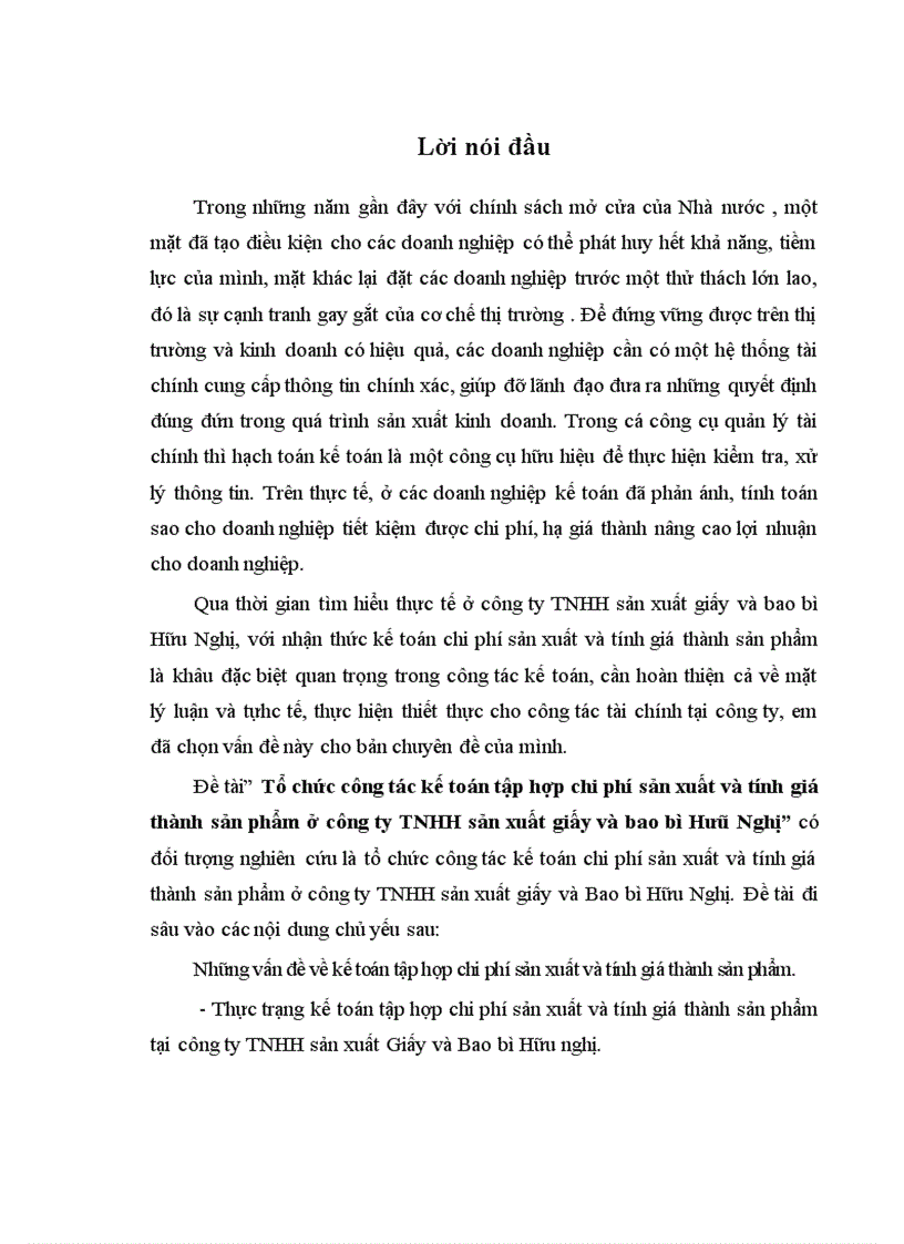 image for page Tổ chức công tác kế toán tập hợp chi phí sản xuất và tính giá thành sản phẩm ở công ty TNHH sản xuất giấy và bao bì Hưũ Nghị