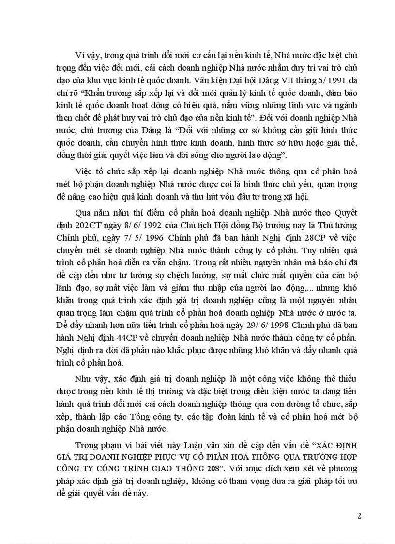 Xác định giá trị doanh nghiệp phục vụ cổ phần hoá thông qua trường hợp công ty Công trình giao thông 208
