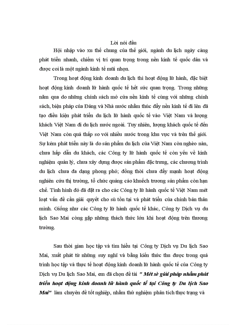 Một số giải pháp nhằm phát triển hoạt động kinh doanh lữ hành quốc tế tại Công ty Du lịch Sao Mai
