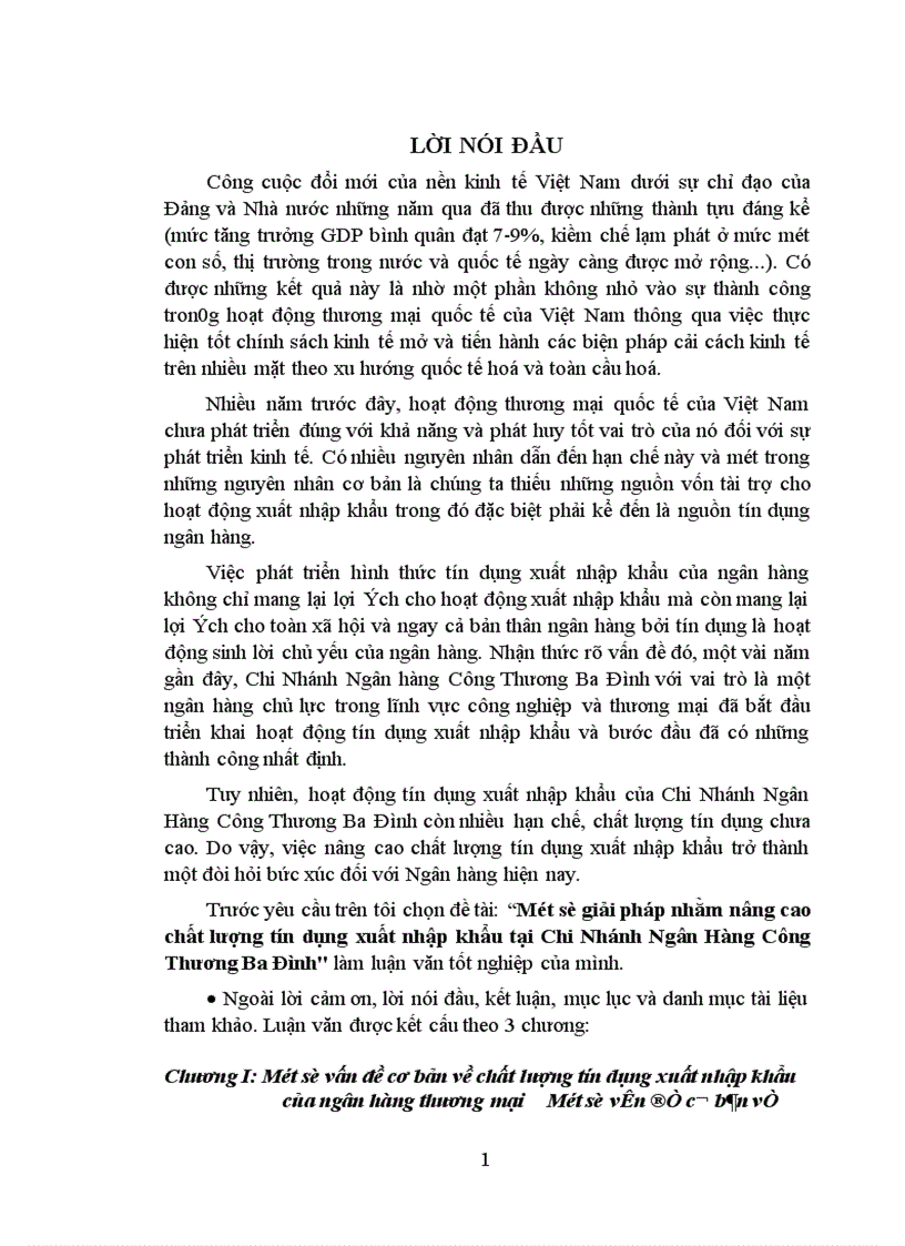 Một số giải pháp nhằm nâng cao chất lượng tín dụng xuất nhập khẩu tại Chi Nhánh Ngân Hàng Công Thương Ba Đình
