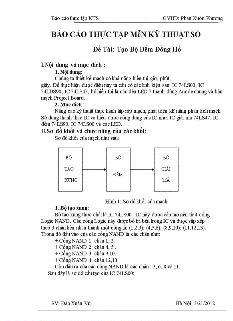 Báo cáo thực tập môn kỹ thuật số, Đề Tài: Tạo Bộ Đếm Đồng Hồ