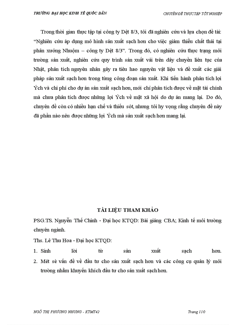 image for page Nghiên cứu áp dụng mô hình sản xuất sạch hơn cho việc giảm thiểu chất thải tại phân xưởng Nhuộm, công ty Dệt 8/3
