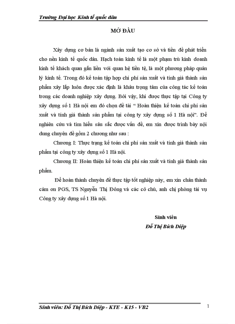 Hoàn thiện kế toán chi phí sản xuất và tính giá thành sản phẩm tại công ty xây dựng số 1 Hà nội
