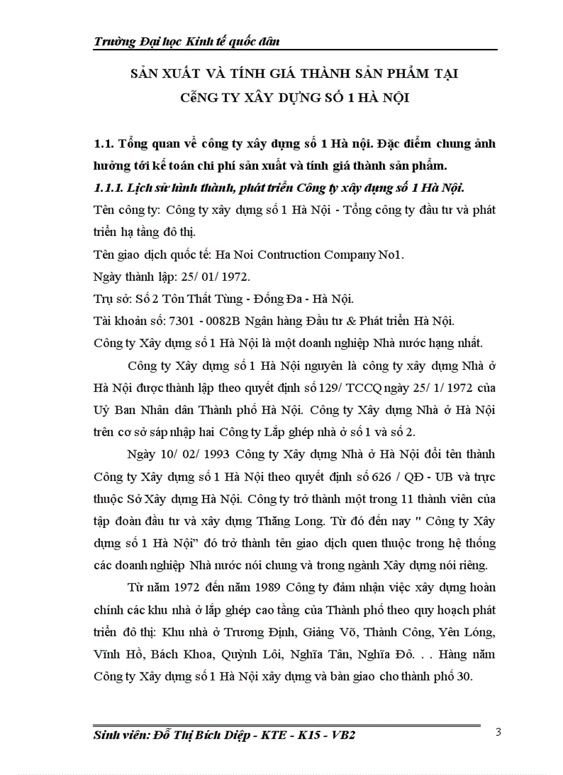 Hoàn thiện kế toán chi phí sản xuất và tính giá thành sản phẩm tại công ty xây dựng số 1 Hà nội