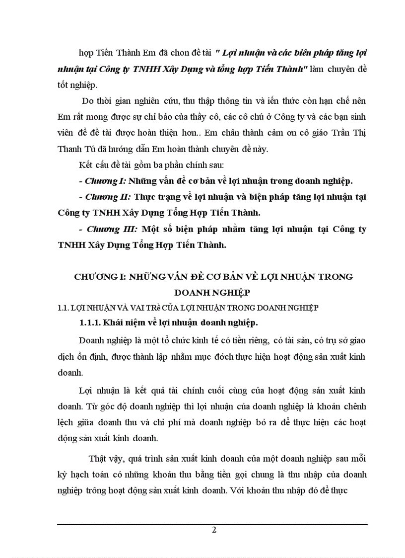 Lợi nhuận và các biên pháp tăng lợi nhuận tại Công ty TNHH Xây Dựng và tổng hợp Tiến Thành