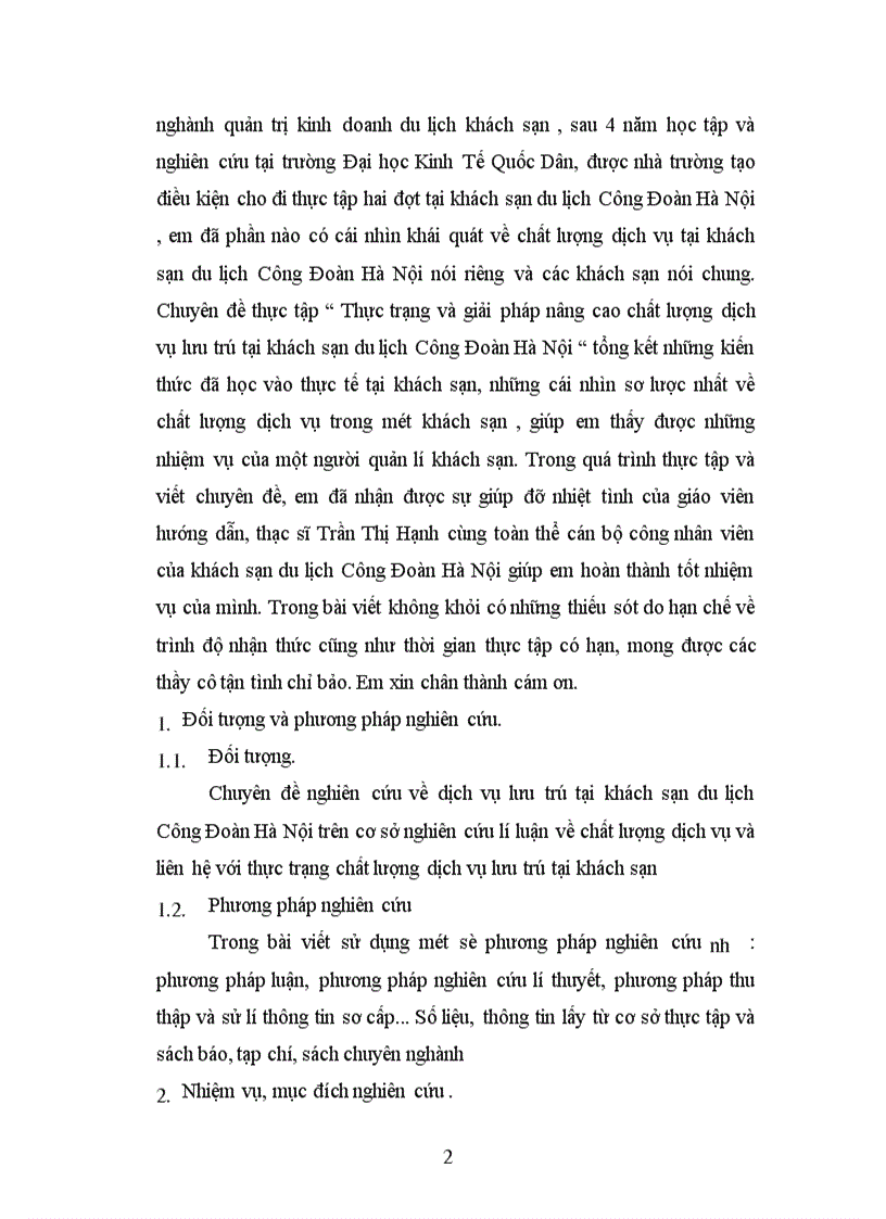 Thực trạng và giải pháp nâng cao chất lượng dịch vụ lưu trú tại khách sạn du lịch Công Đoàn Hà Nội