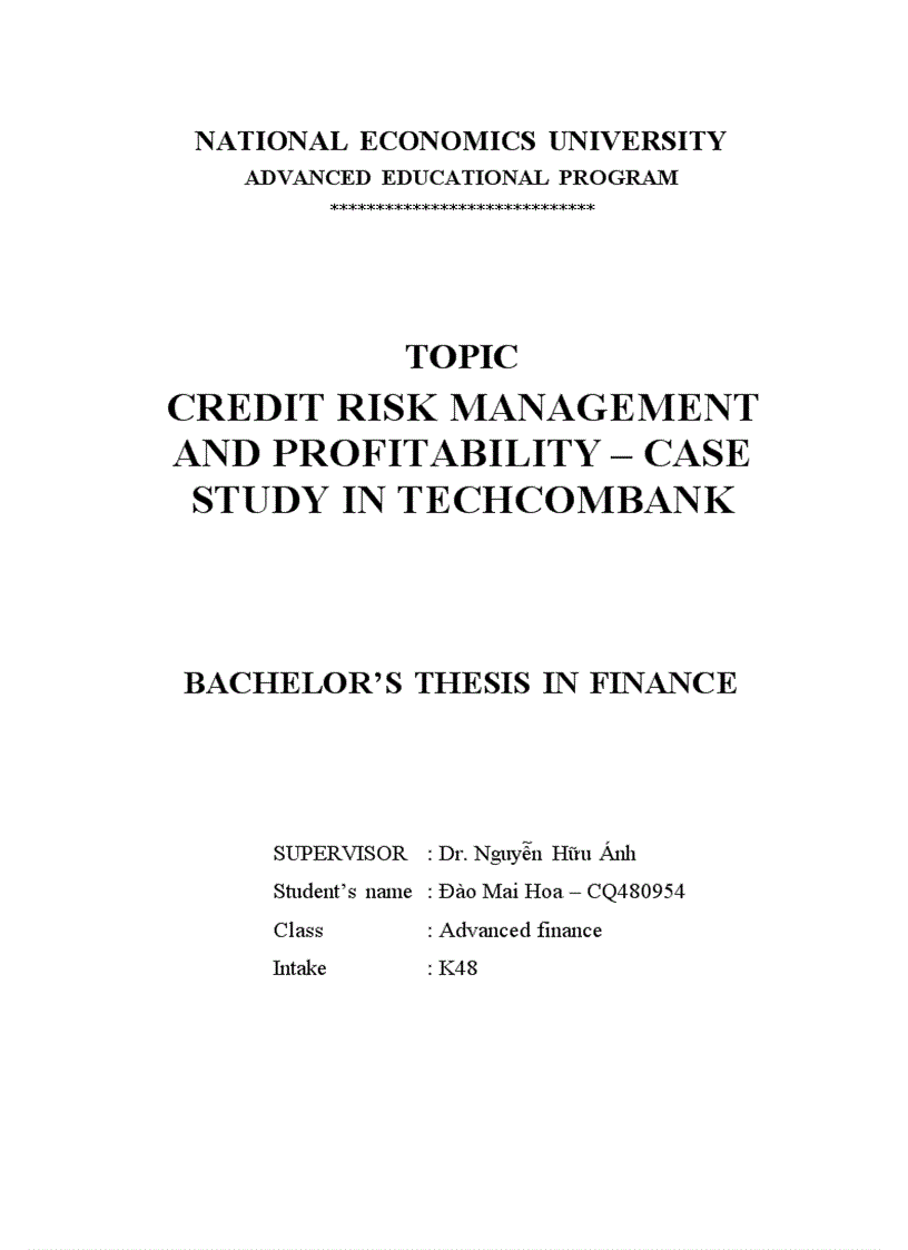 Topiccredit risk management and profitability – case study in techcombank