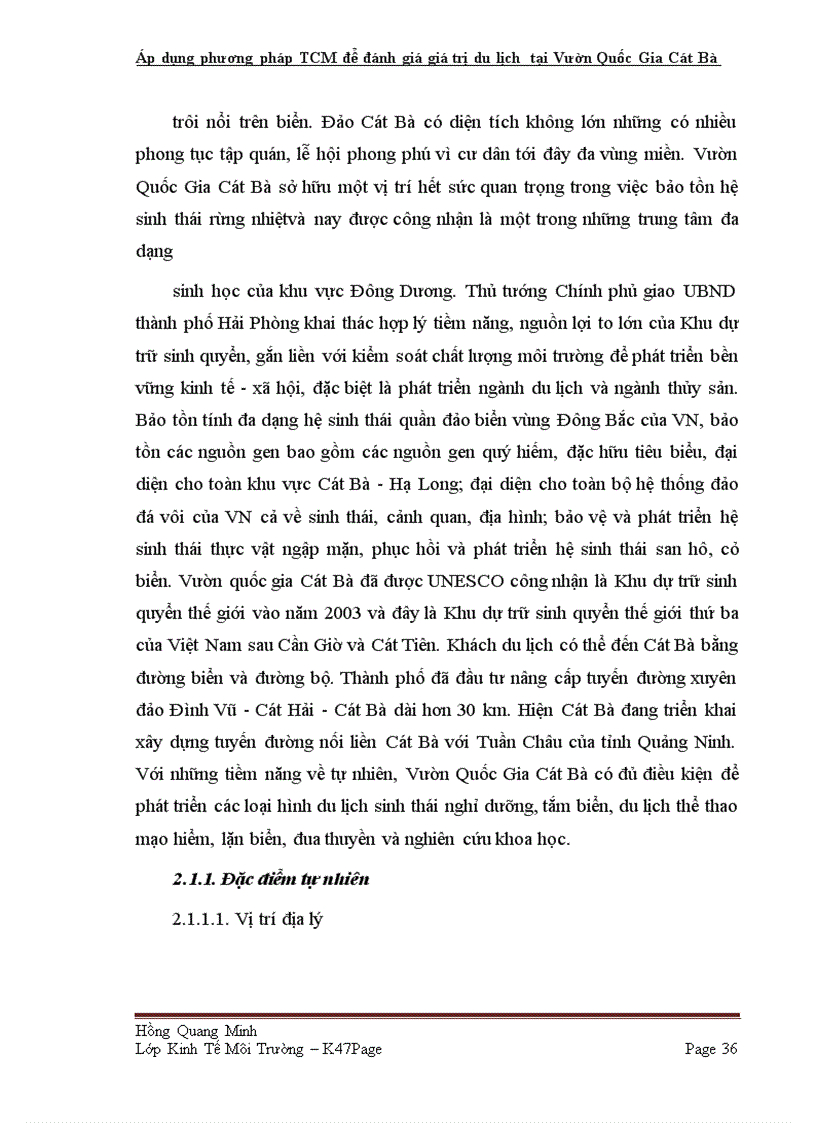 image for page Áp dụng phương pháp TCM để đánh giá giá trị du lịch tại Vườn Quốc Gia Cát Bà