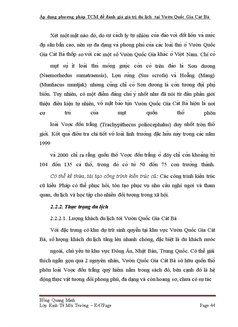 image for page Áp dụng phương pháp TCM để đánh giá giá trị du lịch tại Vườn Quốc Gia Cát Bà