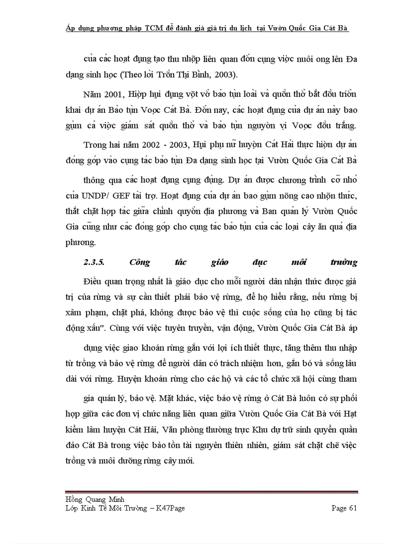 image for page Áp dụng phương pháp TCM để đánh giá giá trị du lịch tại Vườn Quốc Gia Cát Bà