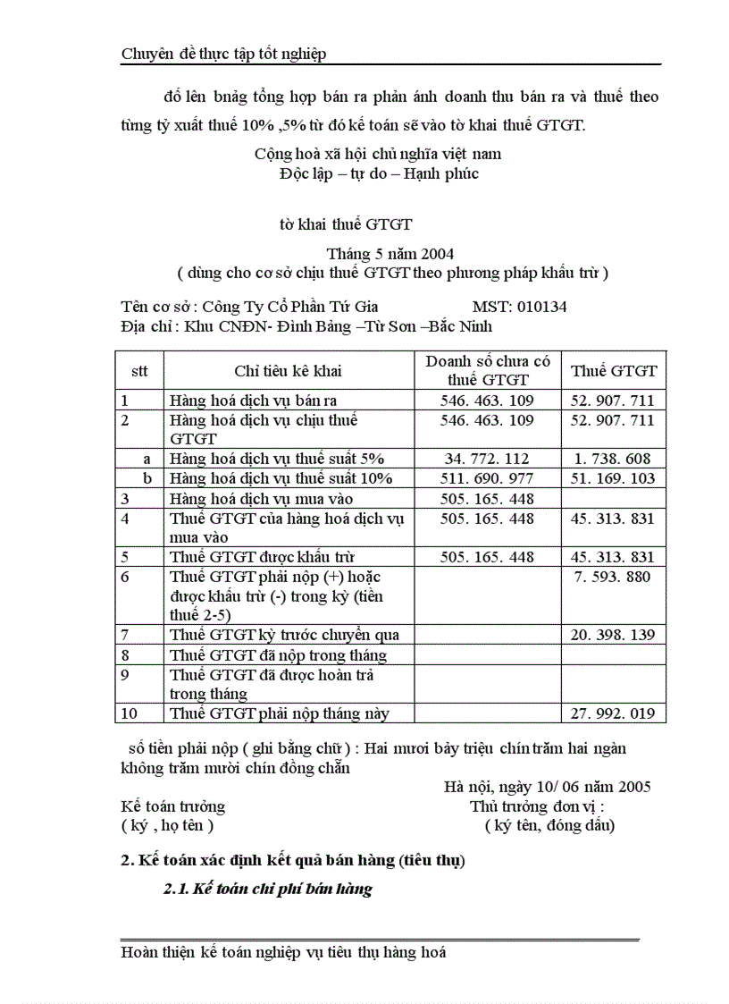 image for page Kế Toán Thành Phẩm Tiêu Thụ và Xác Định kết quả tiêu thụ tại Công ty cổ phần Tứ Gia