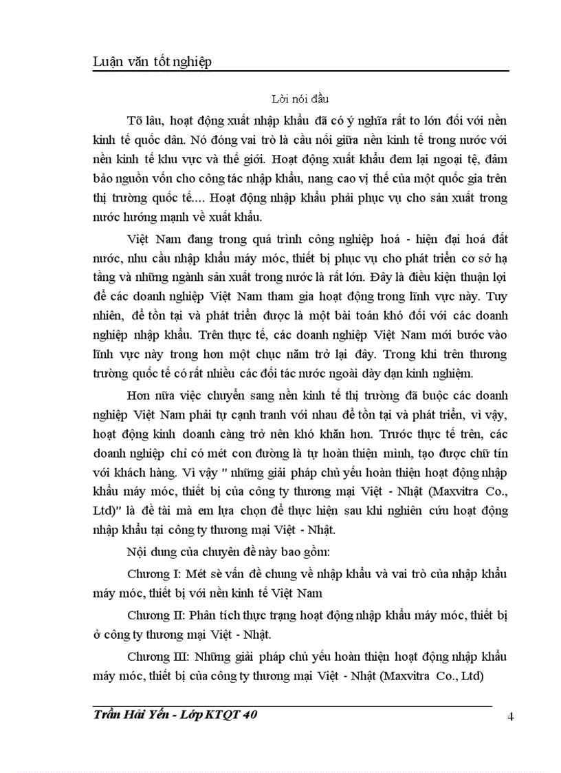 Những giải pháp chủ yếu hoàn thiện hoạt động nhập khẩu máy móc, thiết bị của công ty thương mại Việt - Nhật (Maxvitra Co., Ltd