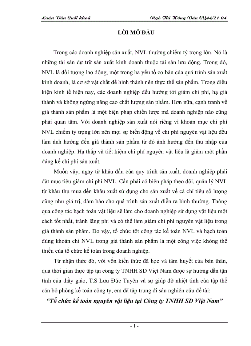 image for page Tổ chức kế toán nguyên vật liệu tại Công ty TNHH SD Việt Nam