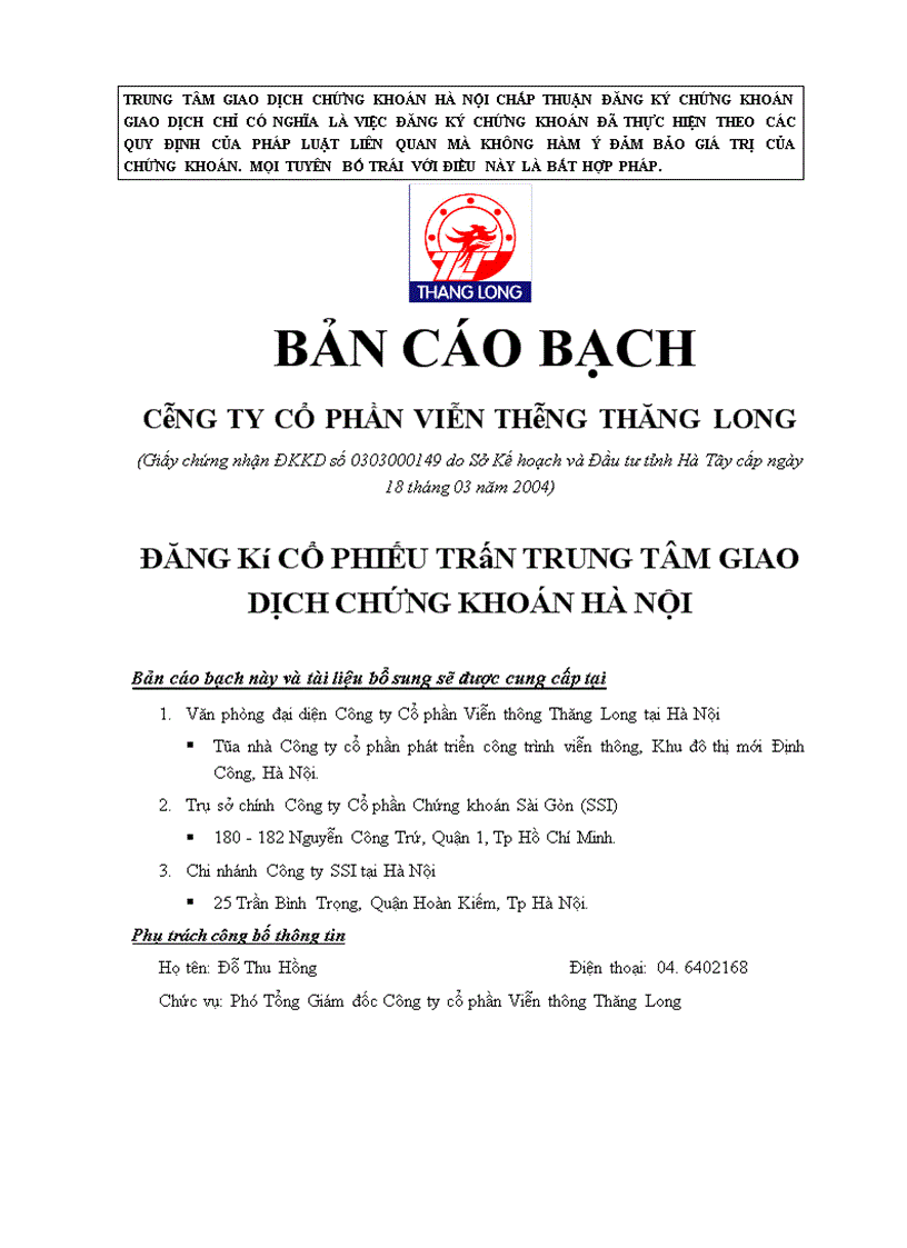 image for page Bản cáo bạch Cổ phần Viễn thông Thăng Long