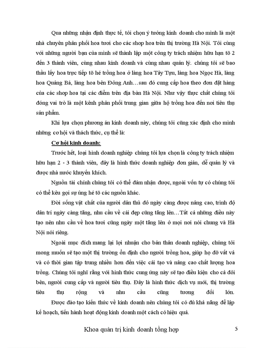 Ýtưởng kinh doanh thành lập công ty chuyên phân phối hoa tươi cho các cửa hàng bán hoa trên thị trường Hà Nội