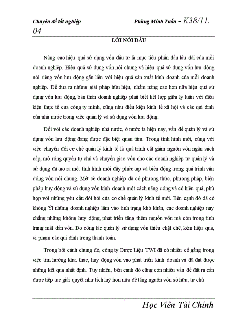 image for page Vốn lưu động và các giải pháp nâng cao hiệu quả tổ chức và sử dụng vốn lưu động tại công ty Dược Liệu TWI