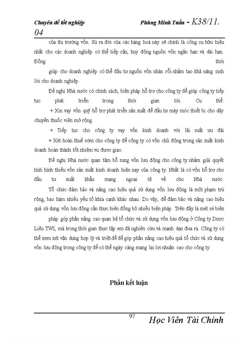 image for page Vốn lưu động và các giải pháp nâng cao hiệu quả tổ chức và sử dụng vốn lưu động tại công ty Dược Liệu TWI