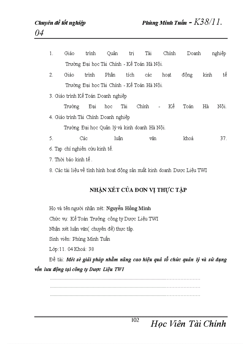 image for page Vốn lưu động và các giải pháp nâng cao hiệu quả tổ chức và sử dụng vốn lưu động tại công ty Dược Liệu TWI