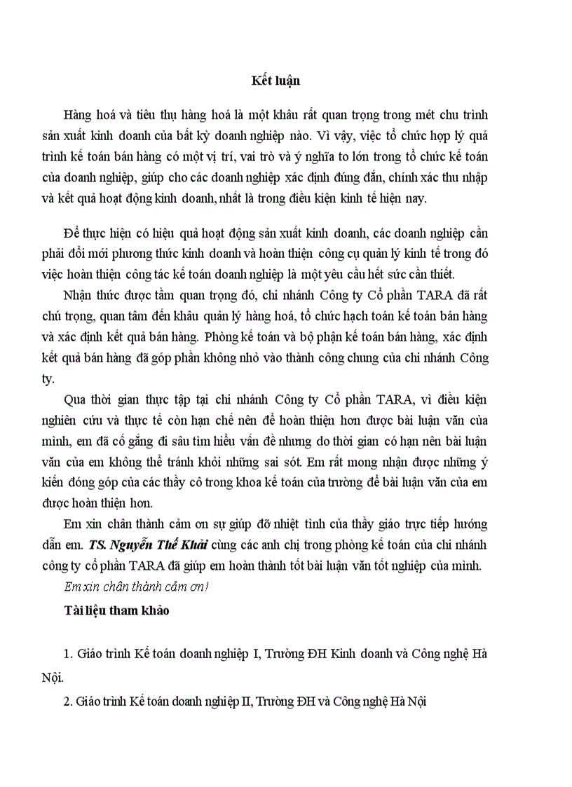 image for page Tổ chức công tác kế toán bán hàng và xác định kết quả kinh doanh tại chi nhánh công ty Cổ phần TARA