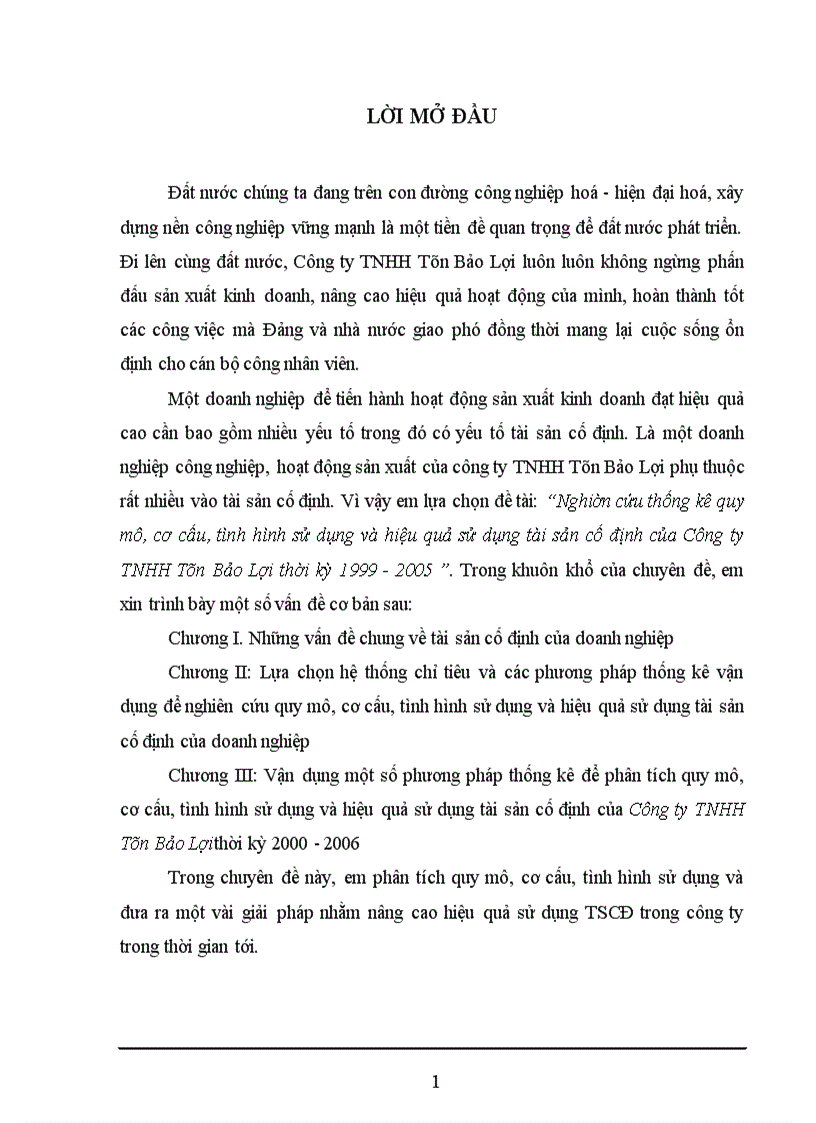 Nghiên cứu thống kê quy mô, cơ cấu, tình hình sử dụng và hiệu quả sử dụng tài sản cố định của Công ty TNHH Tân Bảo Lợi thời kỳ 1999-2005