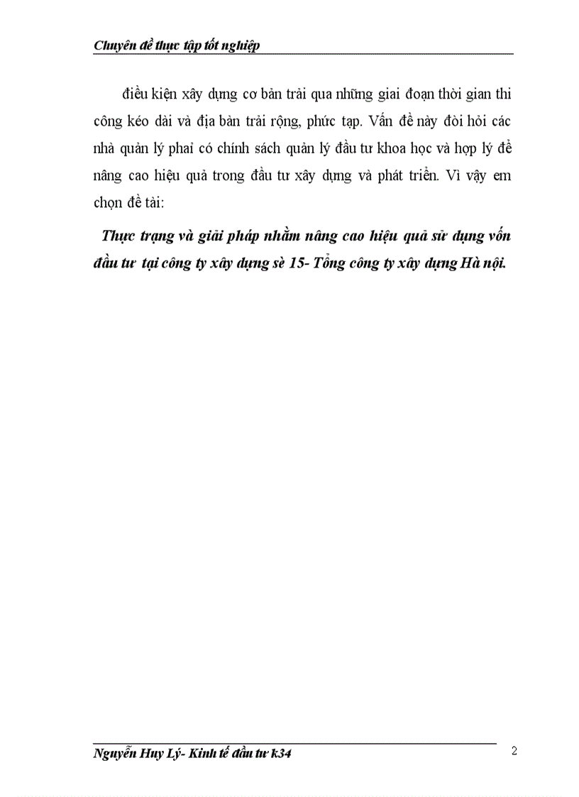 Thực trạng và giải pháp nhằm nâng cao hiệu quả sử dụng vốn đầu tư tại công ty xây dựng số 15- Tổng công ty xây dựng Hà nội