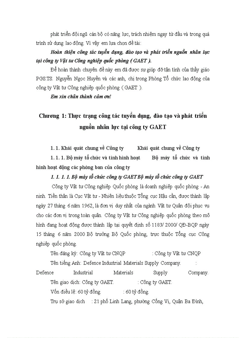 Hoàn thiện công tác tuyển dụng, đào tạo và phát triển nguồn nhân lực tại công ty Vật tư Công nghiệp quốc phòng ( GAET )