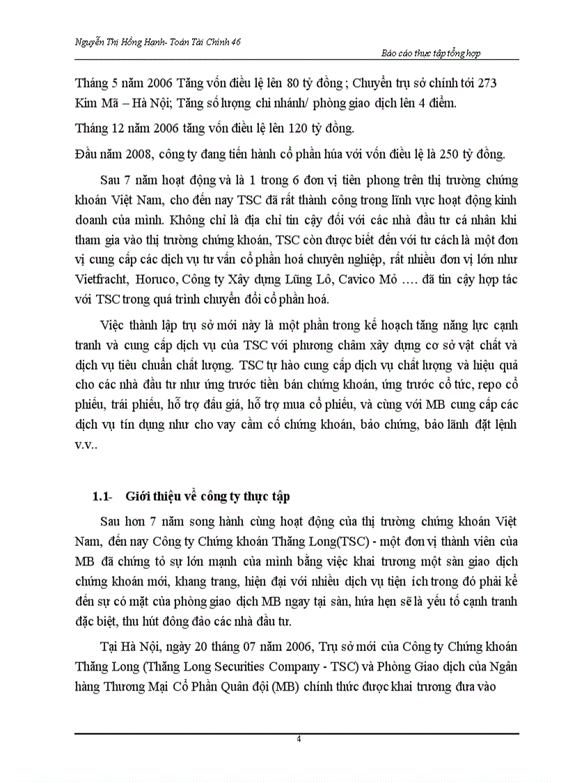 Báo cáo thực tập tại Công ty chứng khoán Thăng Long (TSC