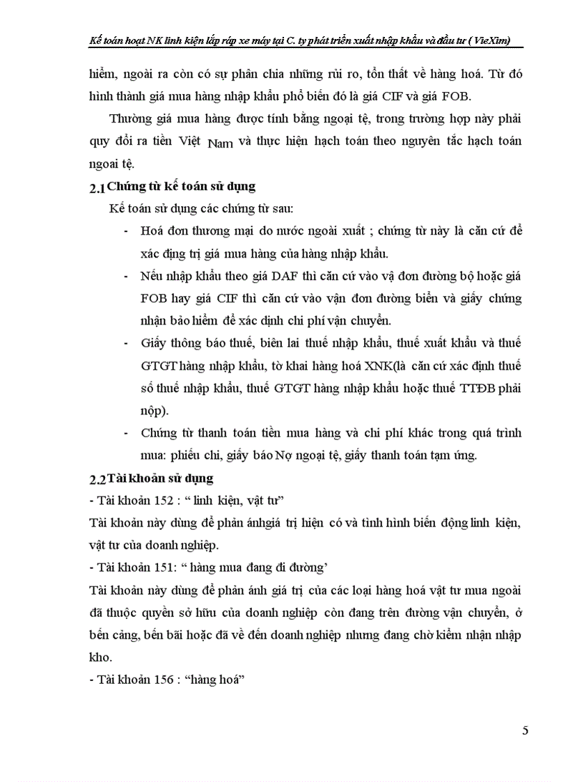 Kế toán hoạt NK linh kiện lắp ráp xe máy tại C. ty phát triển xuất nhập khẩu và đầu tư ( VieXim)