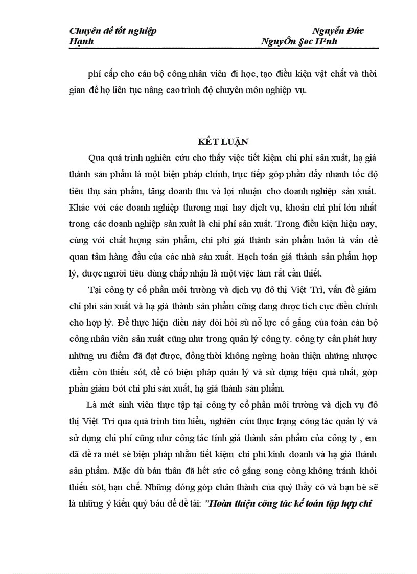 image for page Hoàn thiện công tác Kế toán chi phí sản xuất và tính giá thành sản phẩm đối với công ty cổ phần môi trường và dịch vụ đô thị Việt Trì