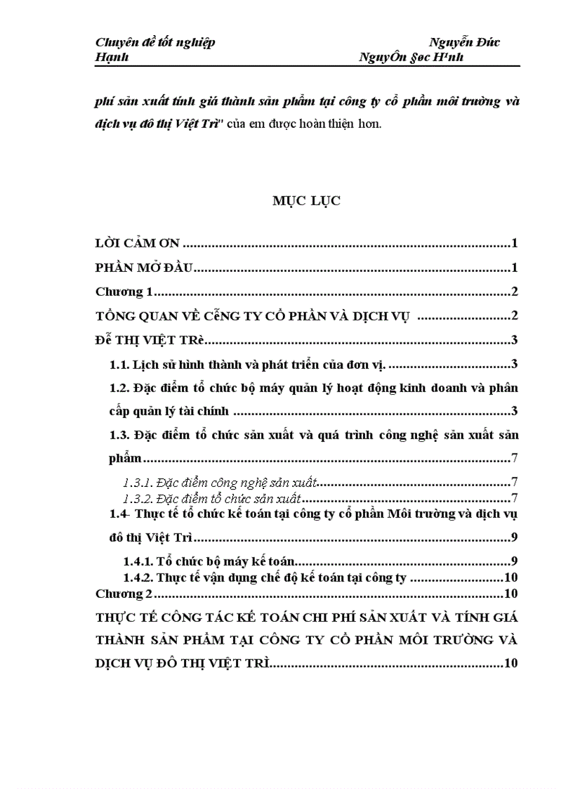 image for page Hoàn thiện công tác Kế toán chi phí sản xuất và tính giá thành sản phẩm đối với công ty cổ phần môi trường và dịch vụ đô thị Việt Trì