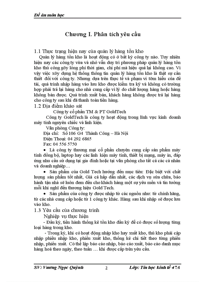 Xây dưng hệ thống thông tin quản lý kho hàng cho công ty Cổ phần thương mại và phát triển GoldTech