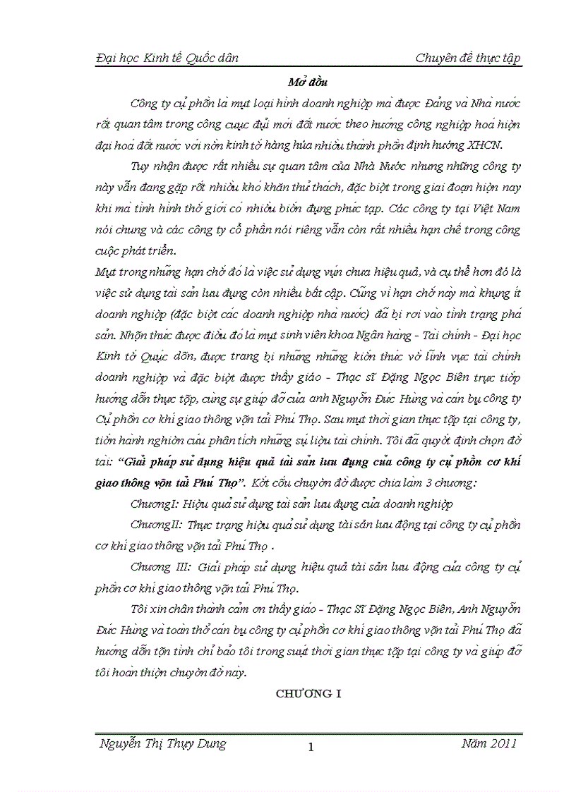 Giải pháp sử dụng hiệu quả tài sản lưu động của công ty cổ phần cơ khí giao thông vận tải Phú Thọ Sinh viên thực hiện