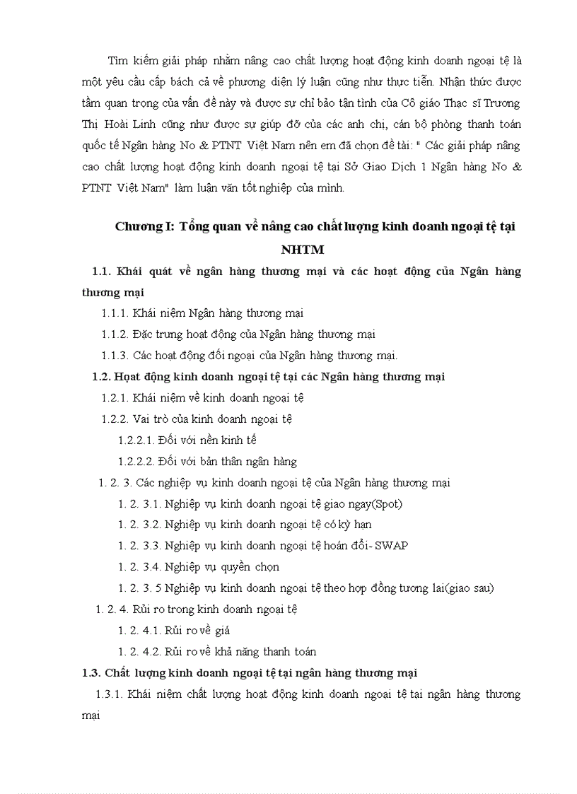 Đề cương : Các giải pháp nâng cao chất lượng hoạt động kinh doanh ngoại tệ tại Sở Giao Dịch 1 Ngân hàng No&PTNT Việt Nam